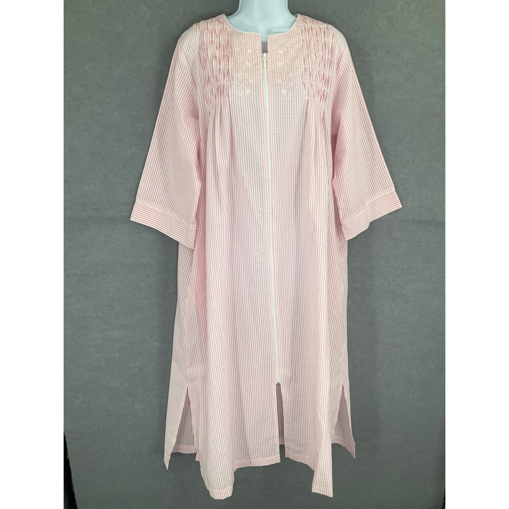 Miss Elaine Pink White Stripe Smocked Zipper Robe Duster Midi Women's Sz M